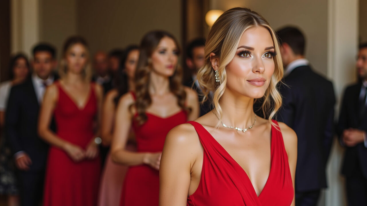 Convidada em vestido vermelho moderno e diferenciado.
