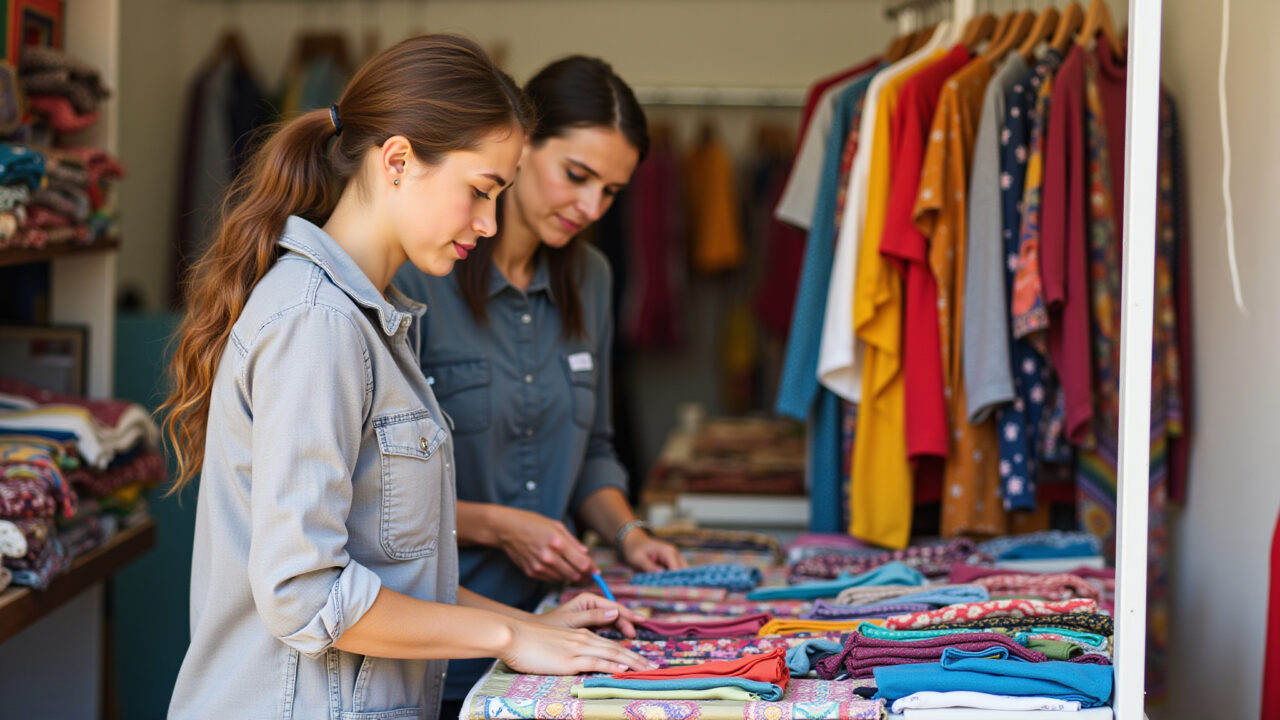 Stand de artesanato convidativo com roupas e tecidos coloridos.