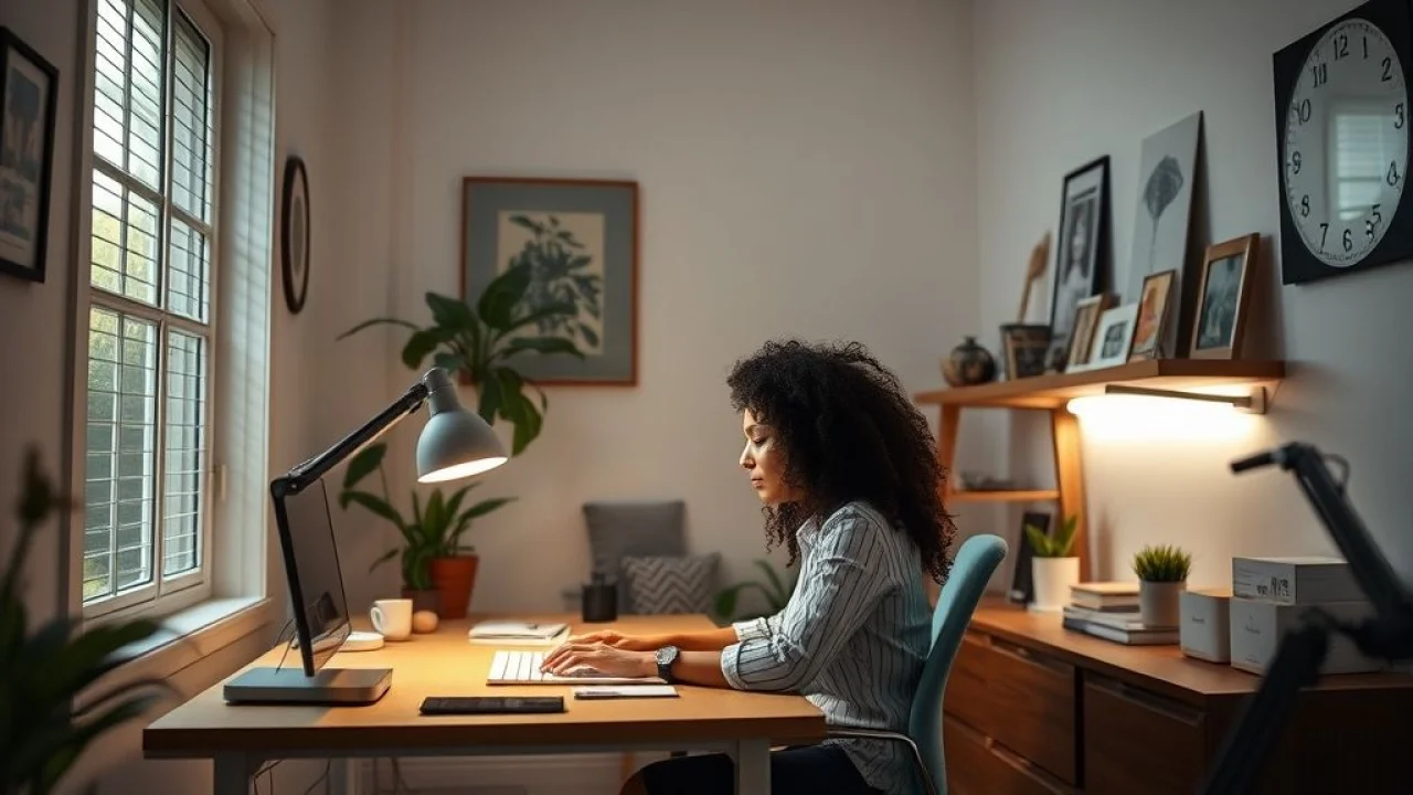 Home office pequeno com iluminação estratégica e luz natural.