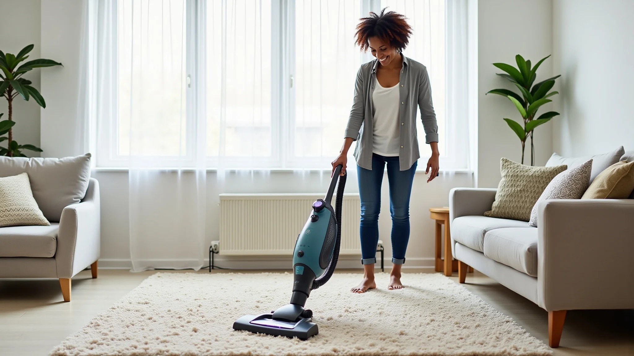 Mulher aspirando um tapete de polipropileno em sala moderna, demonstrando a facilidade de limpeza.