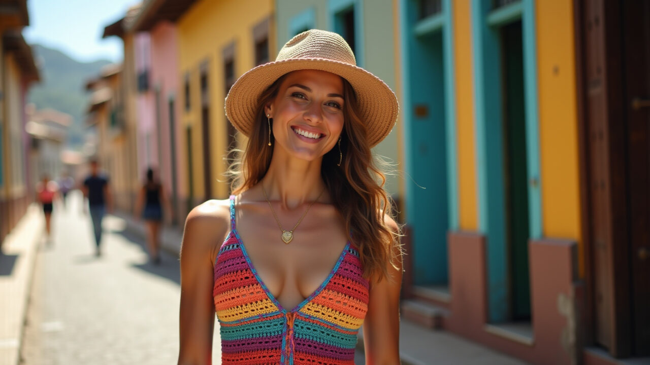 A woman in a colorful crochet dress, smiling, in a vibrant Brazilian street, natural lighting, Vestido de crochê colorido para alegrar o verão.