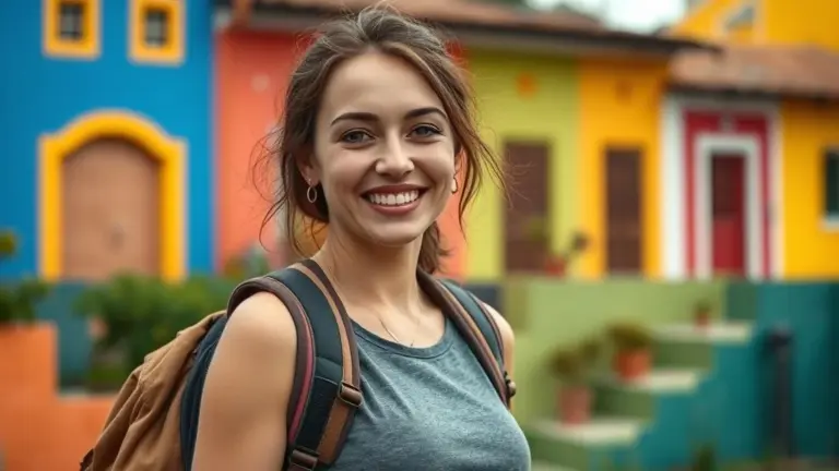 Mulher sorrindo em Ouro Preto, viajando sozinha, com mochilas e casas coloridas ao fundo.
