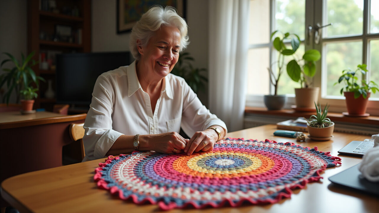 Mulher criando mandala de crochê colorida em casa.