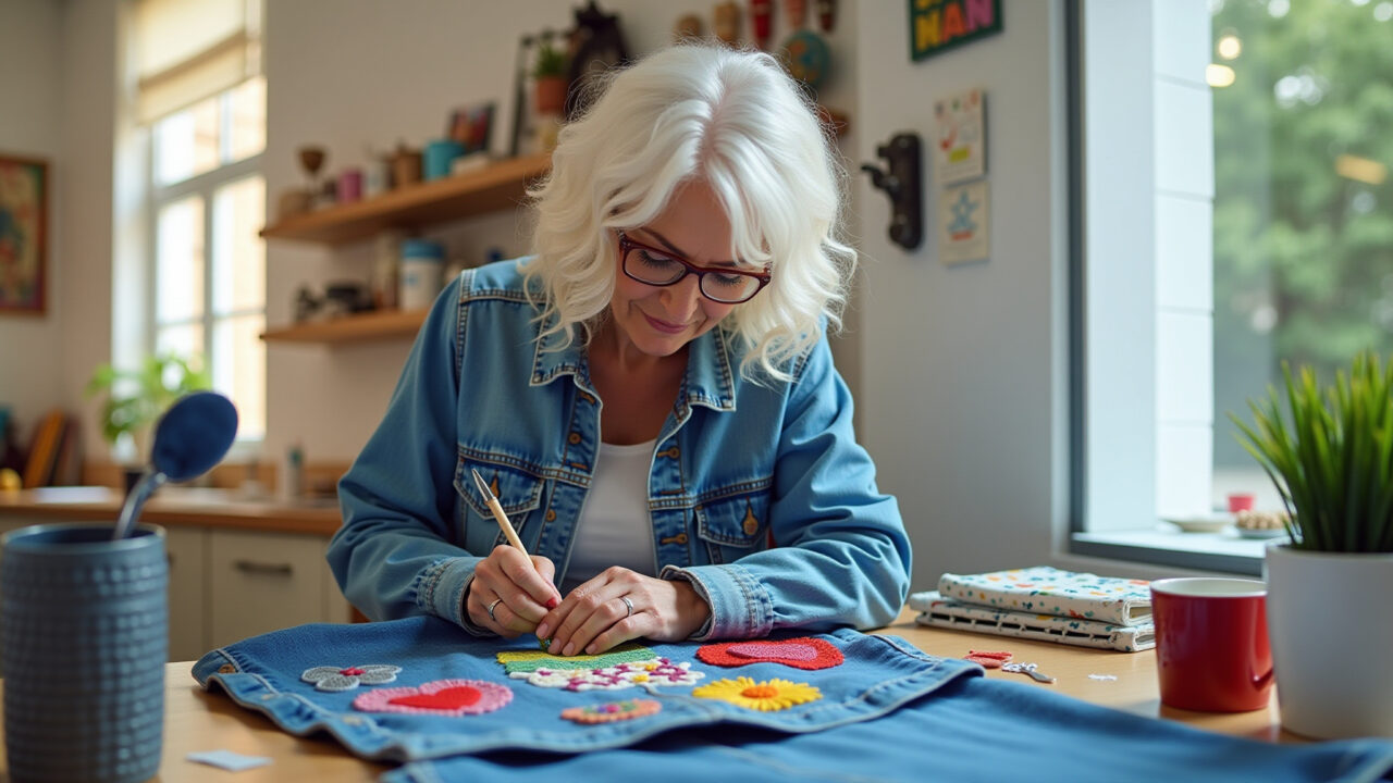 Mulher customizando jaqueta jeans com bordados coloridos.