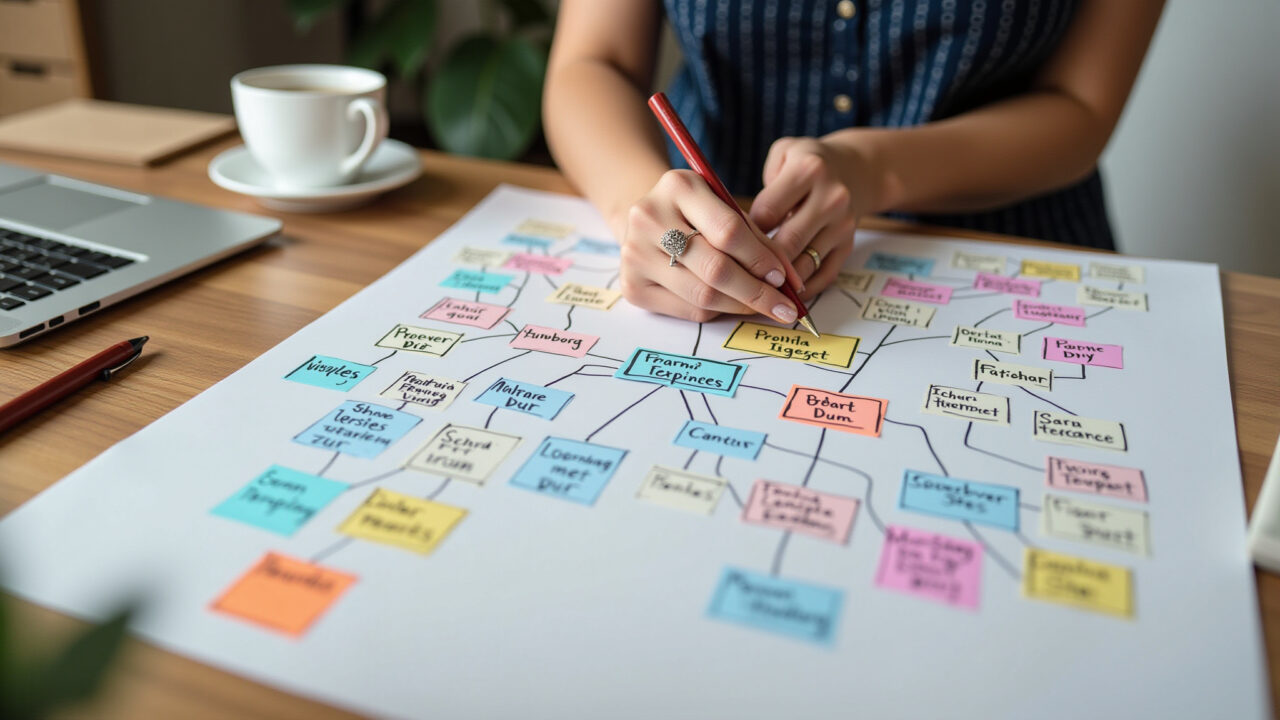 Mulher organiza tarefas diárias com mapa mental.