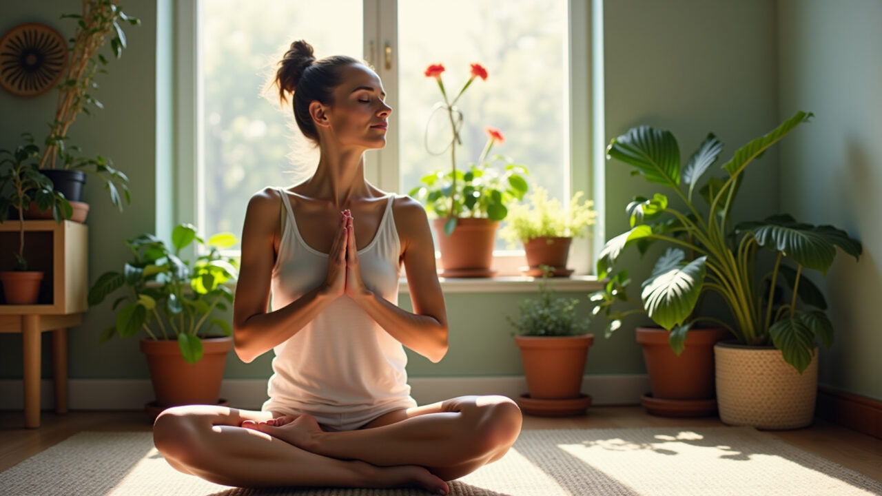 A woman practicing mindful breathing in a sunlit room filled with plants, representing Mulher praticando respiração consciente em sala ensolarada com plantas.