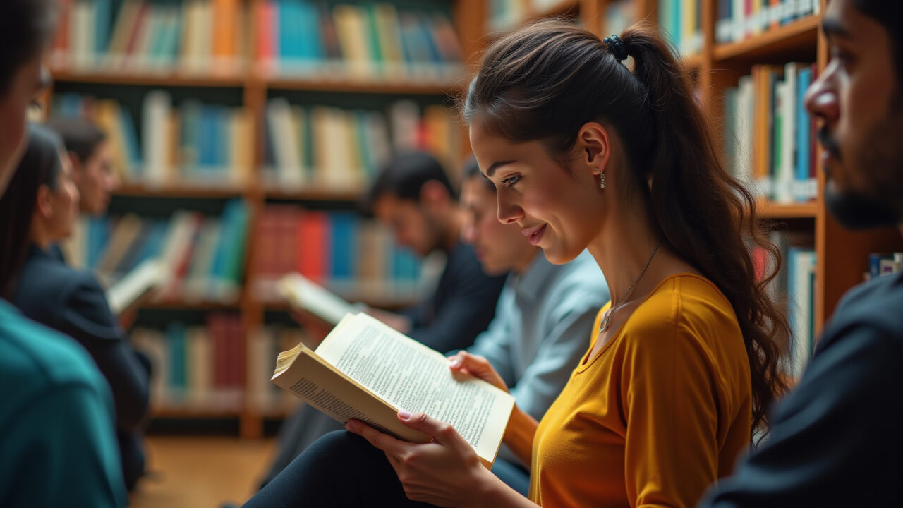A woman reading an inspiring book in a vibrant Brazilian library, surrounded by other readers, Mulher lendo livro inspirador em biblioteca vibrante.
