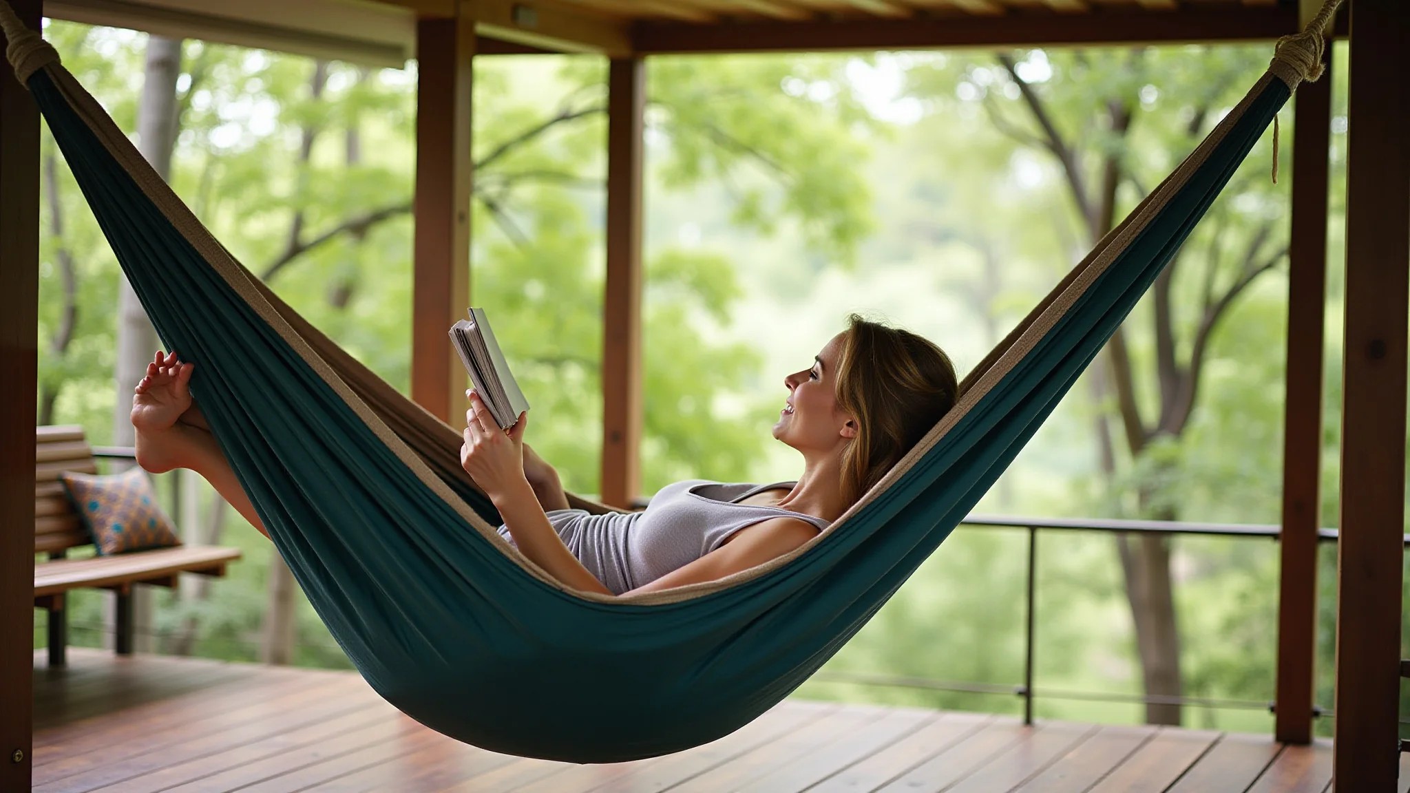 Mulher relaxando em rede na varanda de casa de campo, lendo um livro.