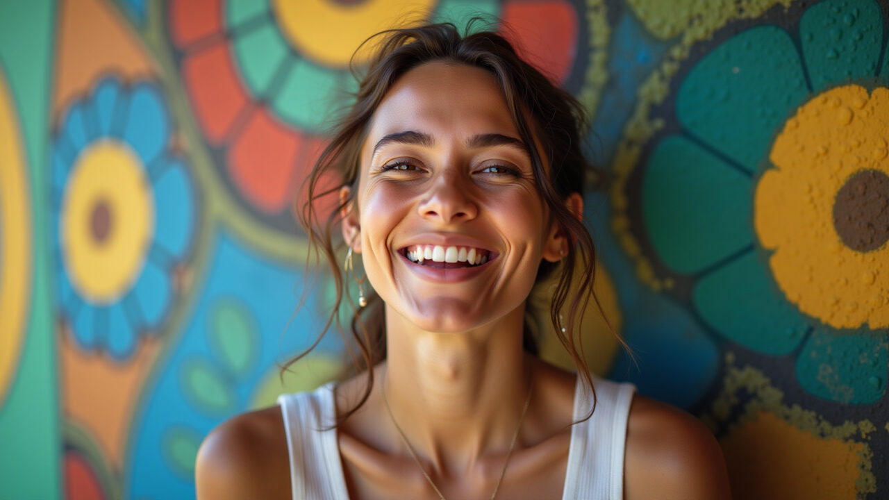 A woman smiling genuinely, embracing her imperfections, standing in front of a colorful Brazilian Mulher sorrindo genuinamente, aceitando suas imperfeições.