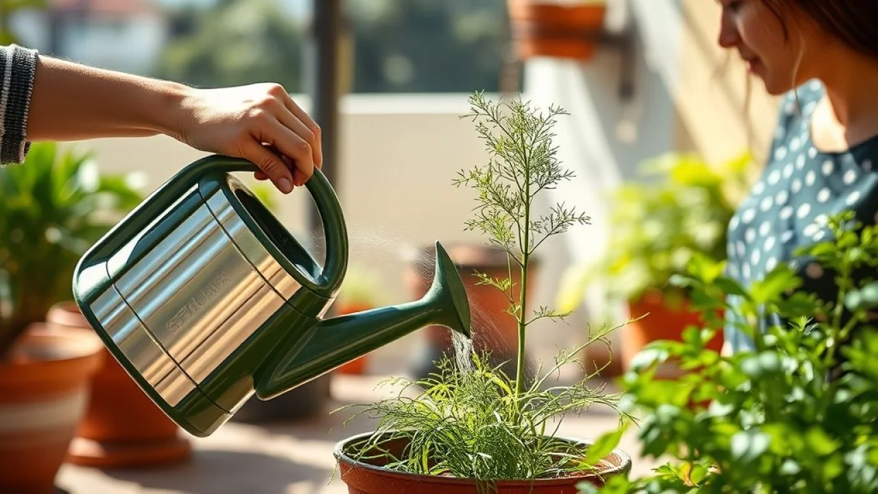 Mulher regando planta de endro em vaso, em pátio ensolarado no Brasil.