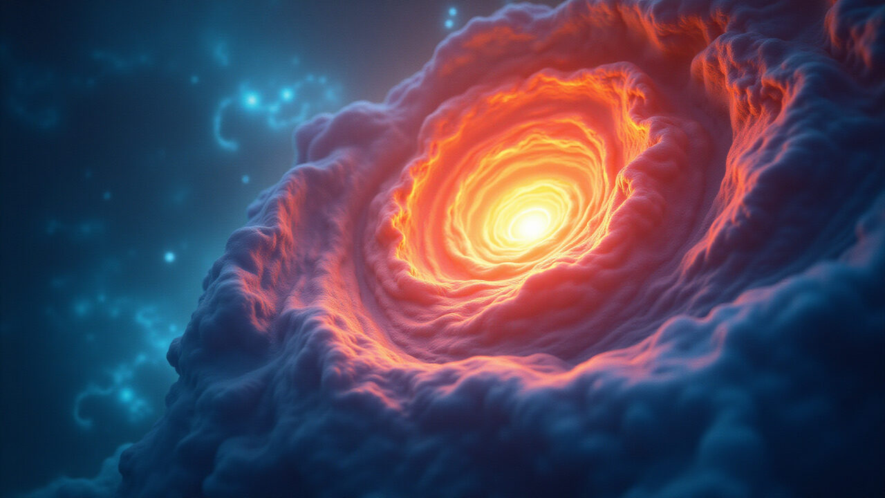 Abstract art: A swirling vortex of colors representing the Law of Mentalism, with subtle brain-like Vórtice de cores representando a Lei do Mentalismo.