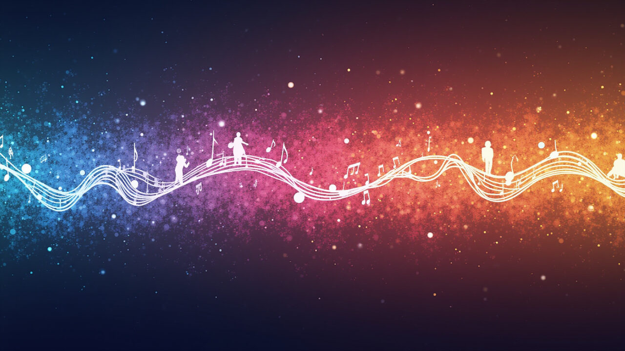 Abstract art: A vibrant sound wave pattern with musical notes and dancing figures, representing the Ondas sonoras vibrantes representando a Lei da Vibração.
