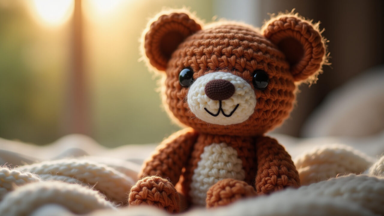 Aconchegante urso amigurumi, soft yarn, warm brown tones, natural light, professional photography, Urso amigurumi aconchegante.