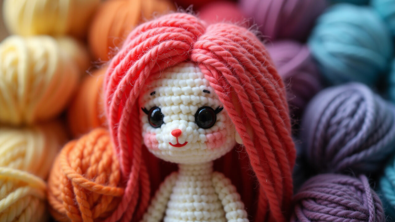 Acrylic yarn for amigurumi hair, close-up, vibrant colors, craft supplies, natural light, 8K Lã acrílica para cabelo de amigurumi