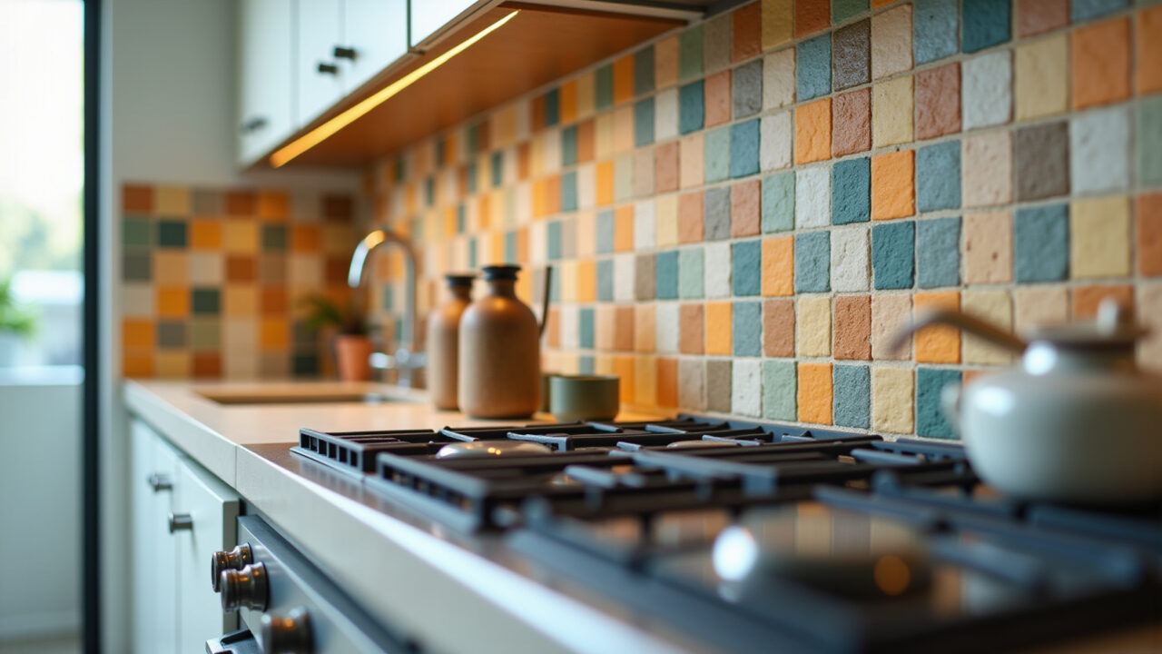Pastilhas adesivas coloridas decoram o backsplash da cozinha.