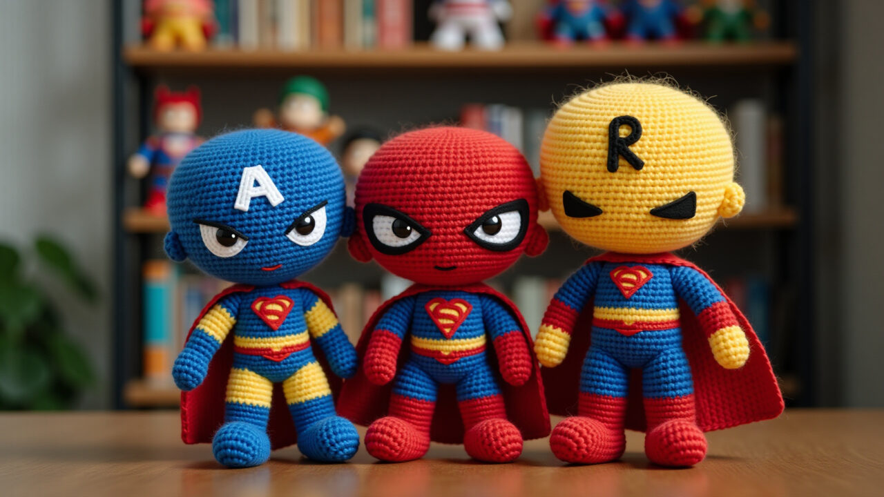 Adult displaying superhero amigurumi collection, bookshelf, action figures, dynamic lighting, Coleção de amigurumis de super-heróis em estante.