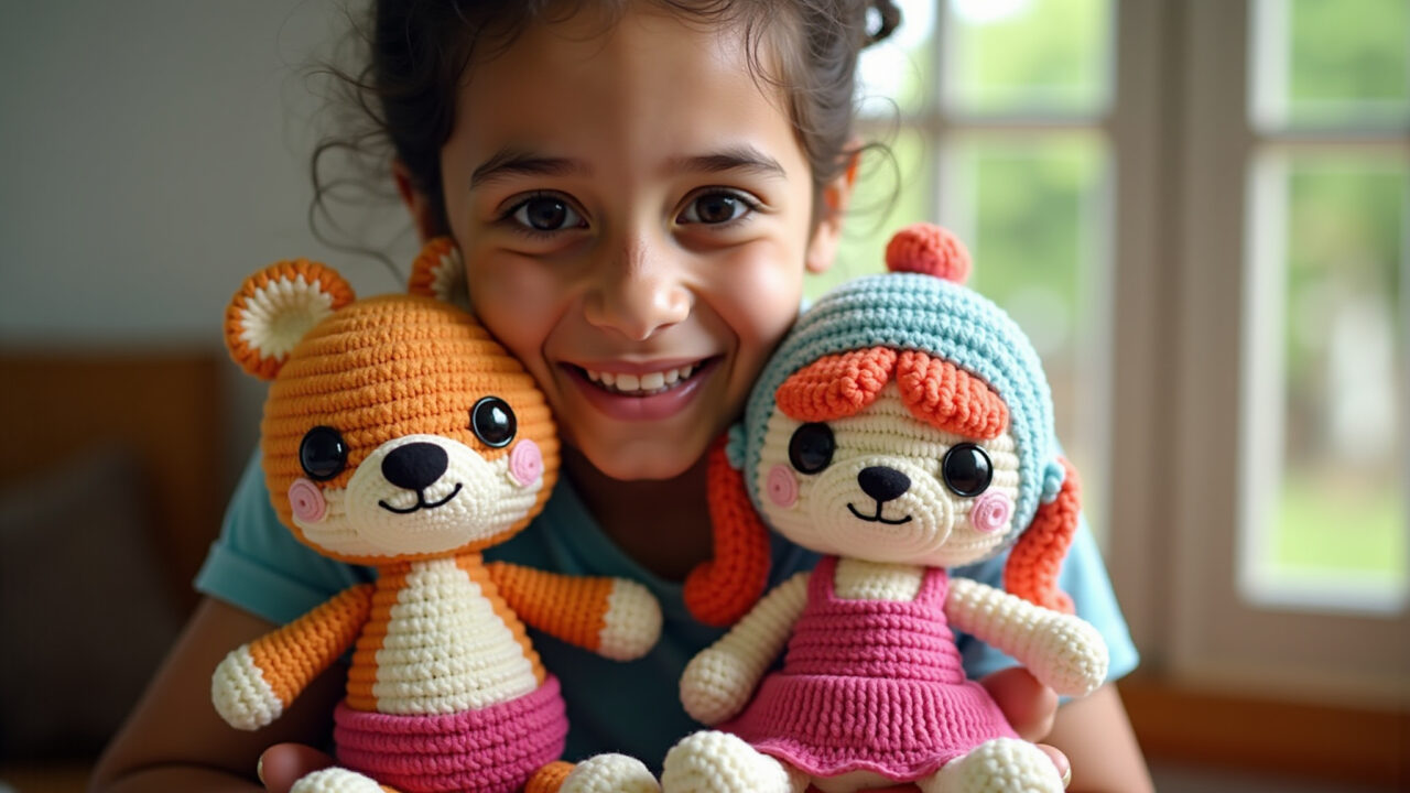 Adult holding Irmão do Jorel amigurumi, colorful Brazilian home, natural light, lifestyle Adulto segurando amigurumi do Irmão do Jorel.