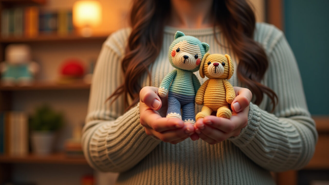 Adult holding vintage cartoon amigurumi, nostalgic decor, retro toys, warm lighting, professional Adulto segurando amigurumi de desenho vintage.