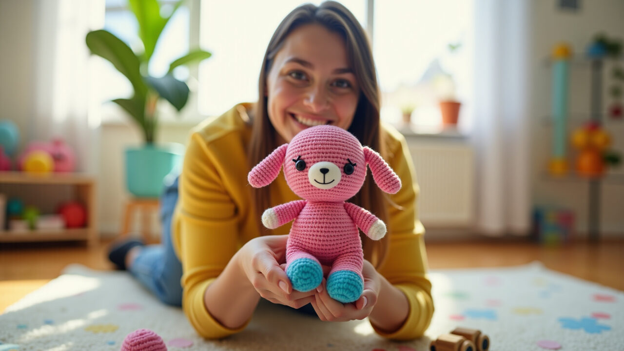 Adult showing Pocoyo amigurumi, educational toys, bright playroom, natural light, lifestyle Adulto mostrando amigurumi do Pocoyo.