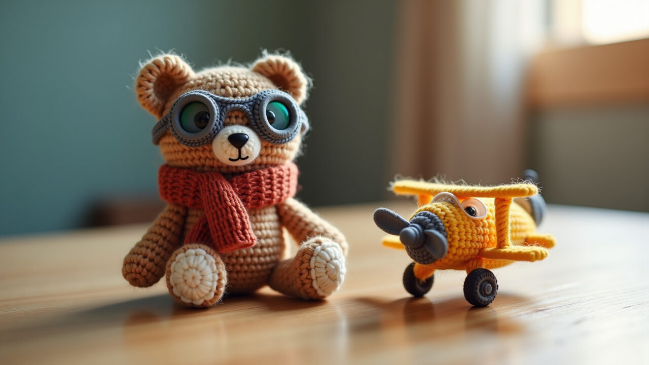 Amigurumi de urso aviador com óculos e cachecol.