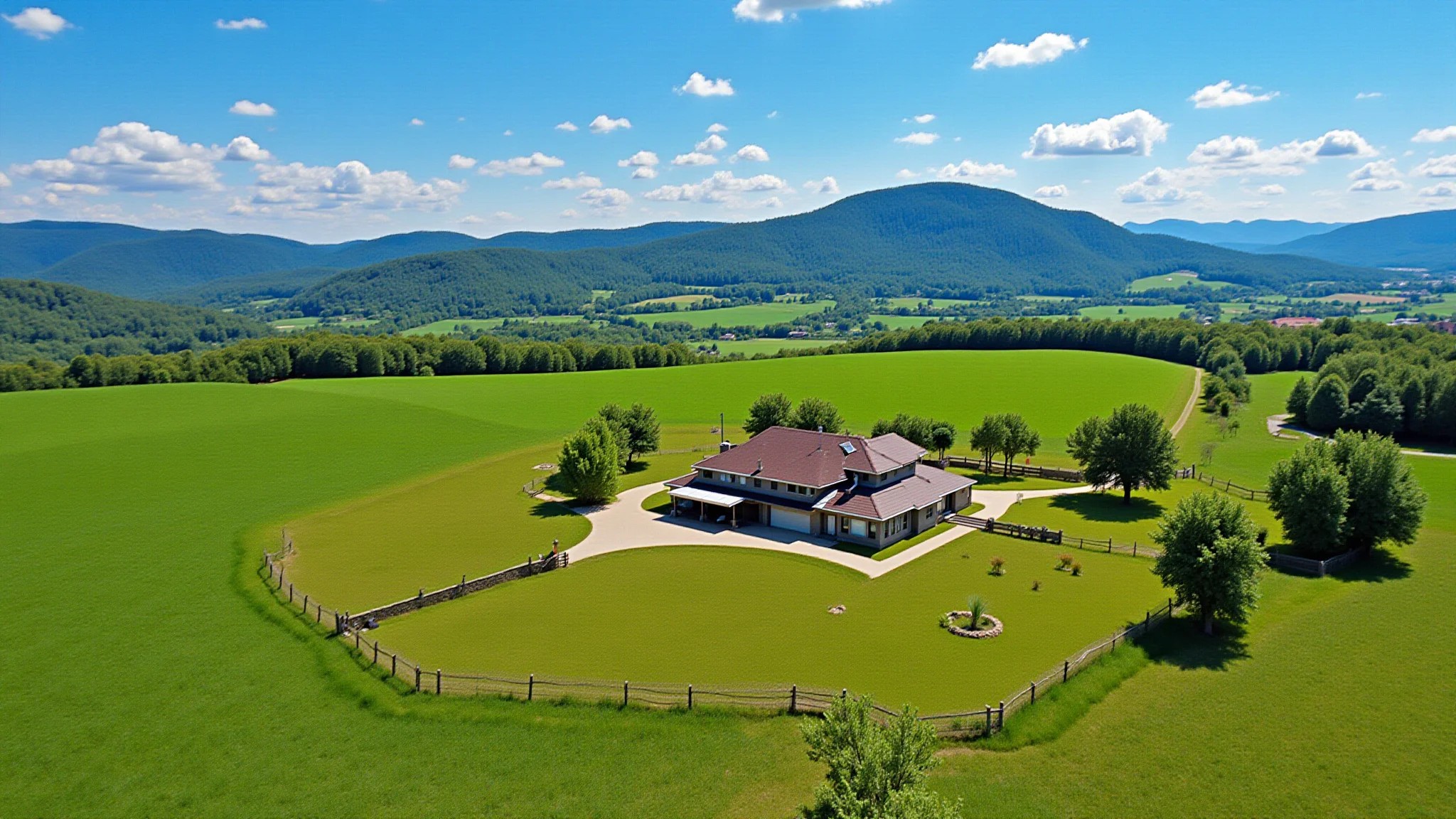 Vista aérea de casa de campo cercada por campos verdes e montanhas.
