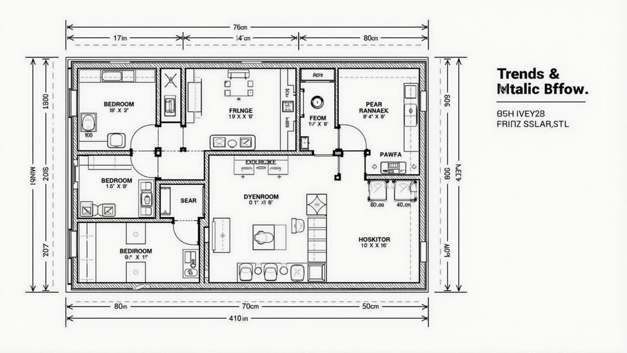 Aerial view, one-bedroom house floor plan, architectural design, detailed measurements, scale Planta baixa de casa de um quarto com medidas detalhadas.
