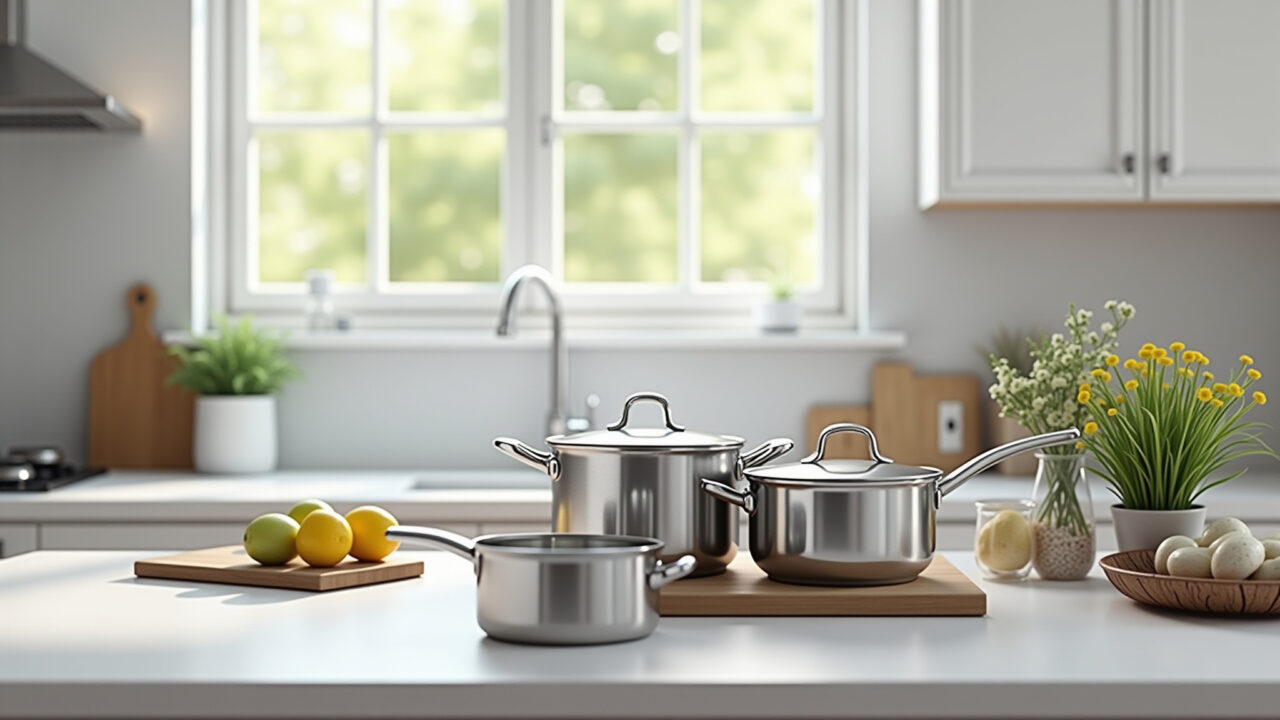 Jogo de panelas de aço inoxidável em cozinha moderna.