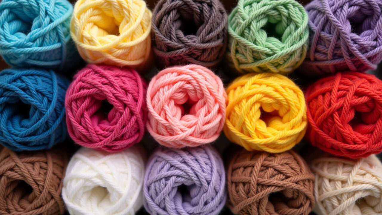Affordable acrylic yarn assortment for amigurumi, various colors, durable texture, studio lighting, Variedade de fios acrílicos para amigurumi em diversas cores.