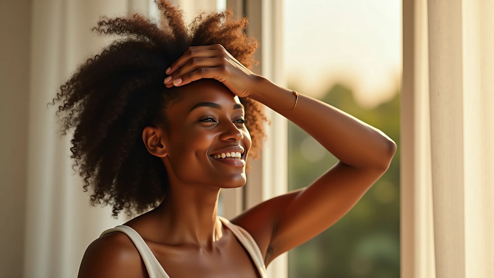 Mulher afro-brasileira massageando o couro cabeludo com óleo natural, promovendo o crescimento capilar.