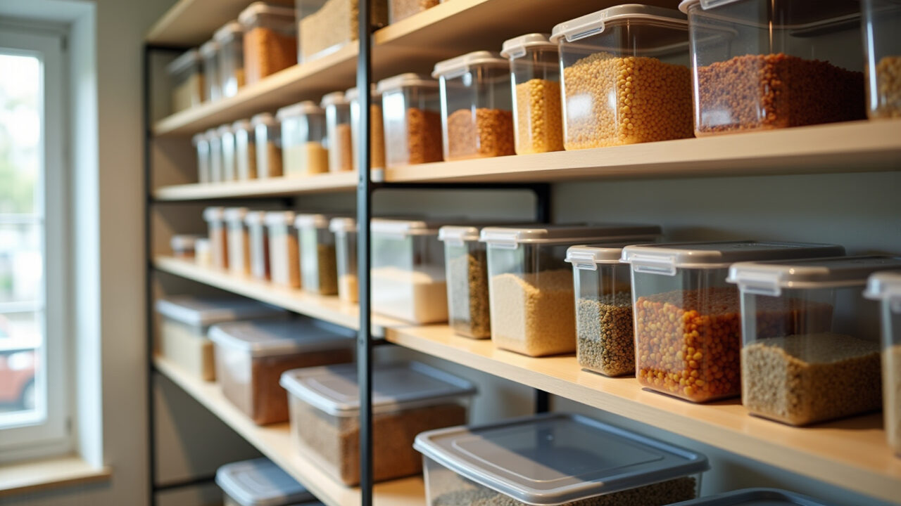 Potes herméticos de vidro armazenando alimentos na despensa.