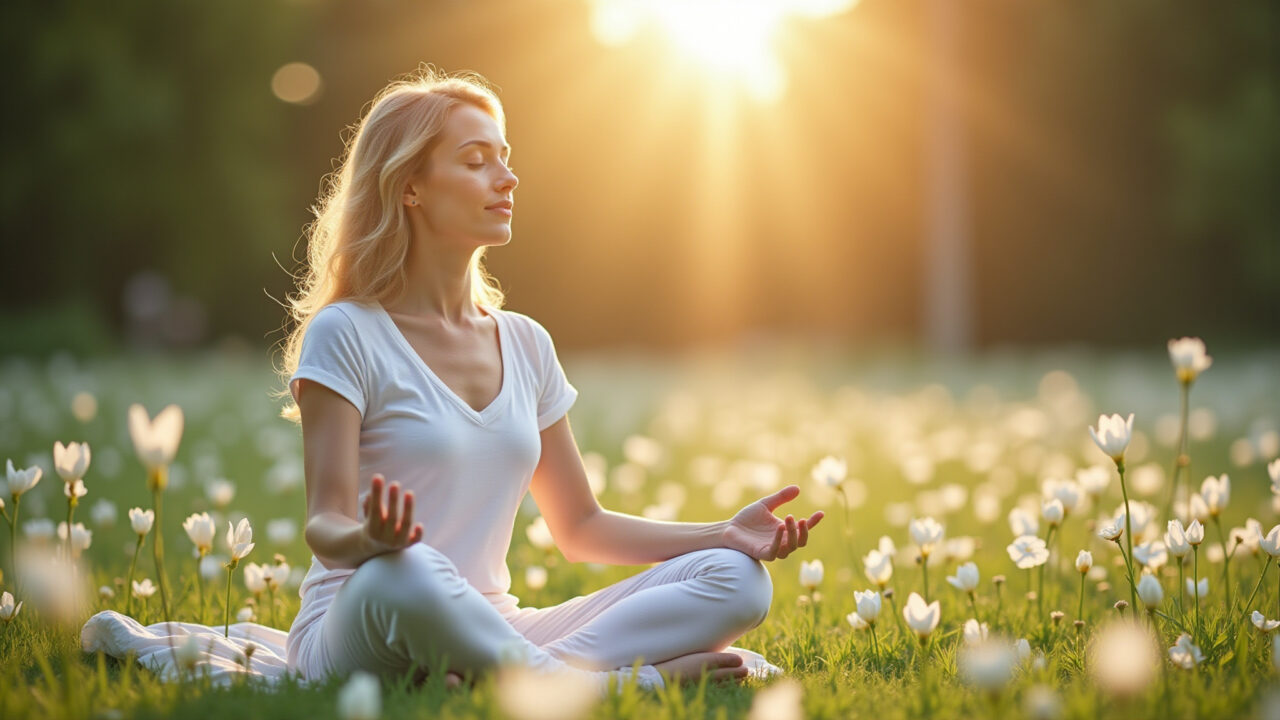 Albedo stage: A serene woman meditating in a sunlit garden, surrounded by white flowers, Mulher serena meditando em jardim iluminado na fase Albedo.