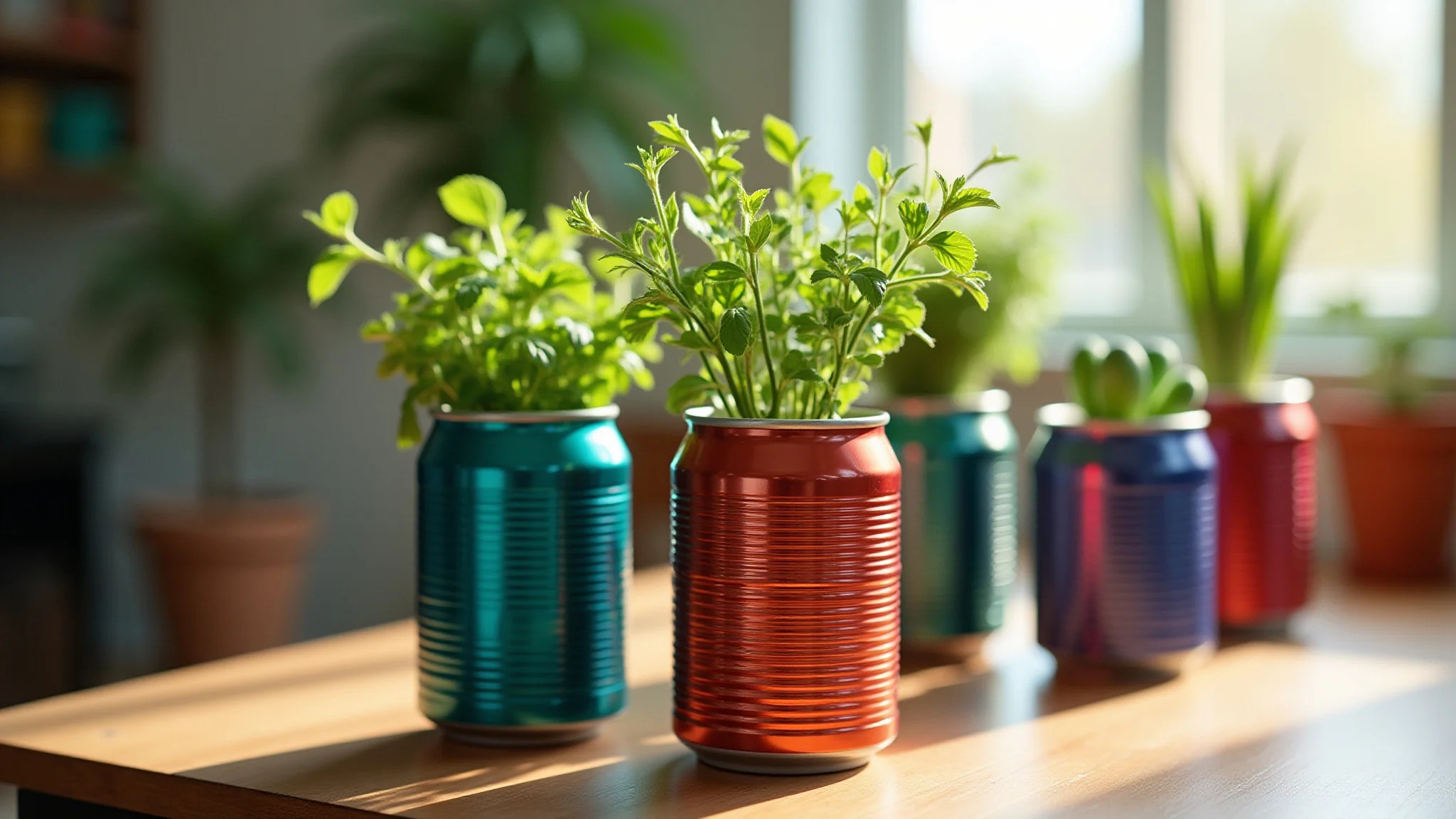 Latas de alumínio reaproveitadas como vasos de plantas com ervas brasileiras.