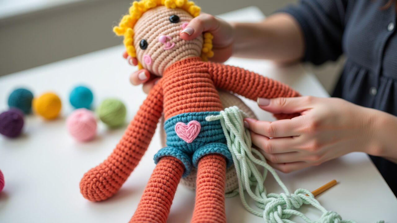 Amigurumi arms being sewn onto a doll, secure stitching, colorful yarn, woman's hands, bright Costurando os braços de um amigurumi com segurança.