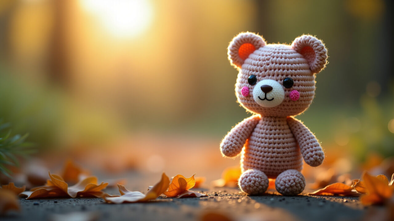 Amigurumi bathed in soft natural light, close-up shot, highlighting texture and colors, 8K quality, Amigurumi com luz natural suave, detalhes em destaque.