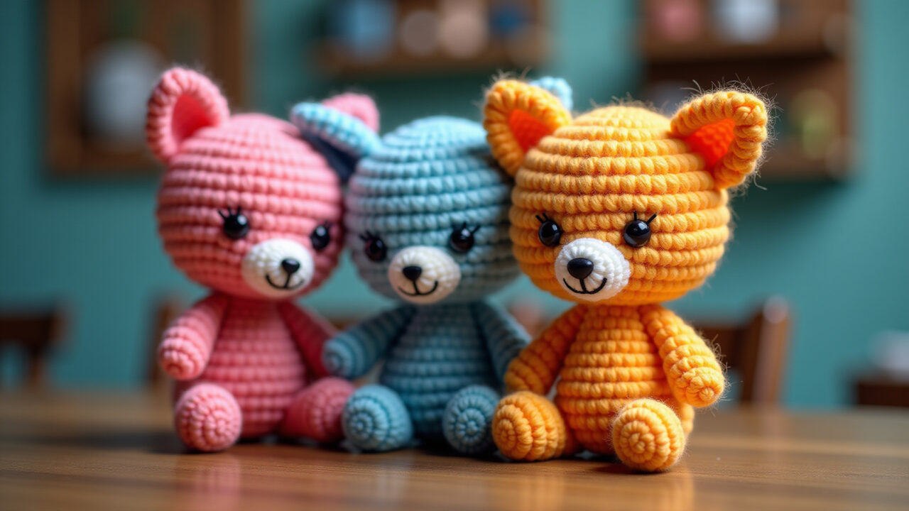 Amigurumi brand promotion, social media icons, Brazilian artisan promoting online, vibrant colors, Promoção de marca de amigurumi nas redes sociais.