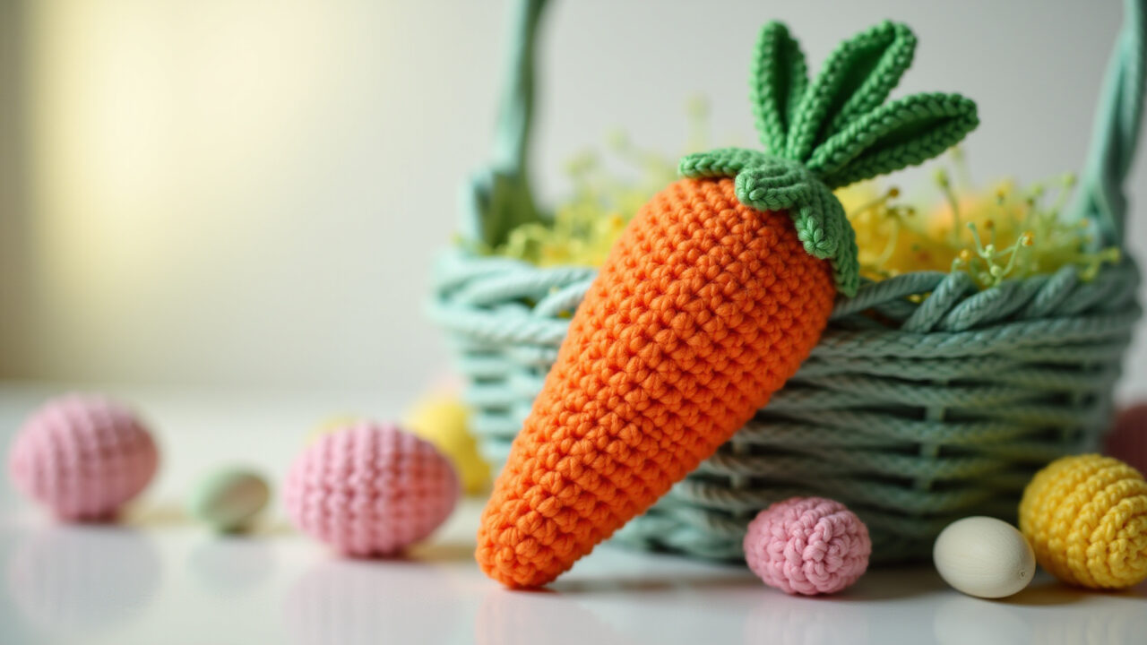 Amigurumi carrot, bright orange, green top, crocheted texture, Easter basket decoration, natural Cenoura de amigurumi laranja e verde, decoração de Páscoa.