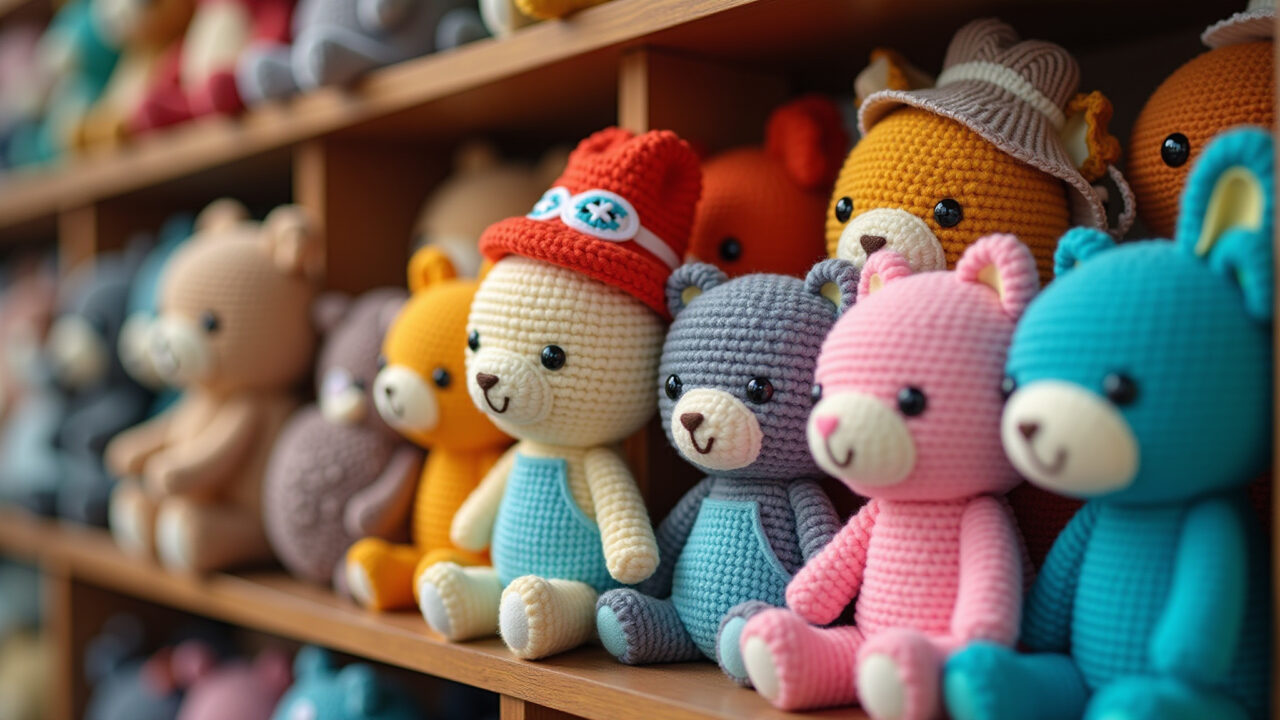 Amigurumi characters on display, unique niche, bright colors, Brazilian market stall, professional Amigurumis de nicho em feira brasileira.
