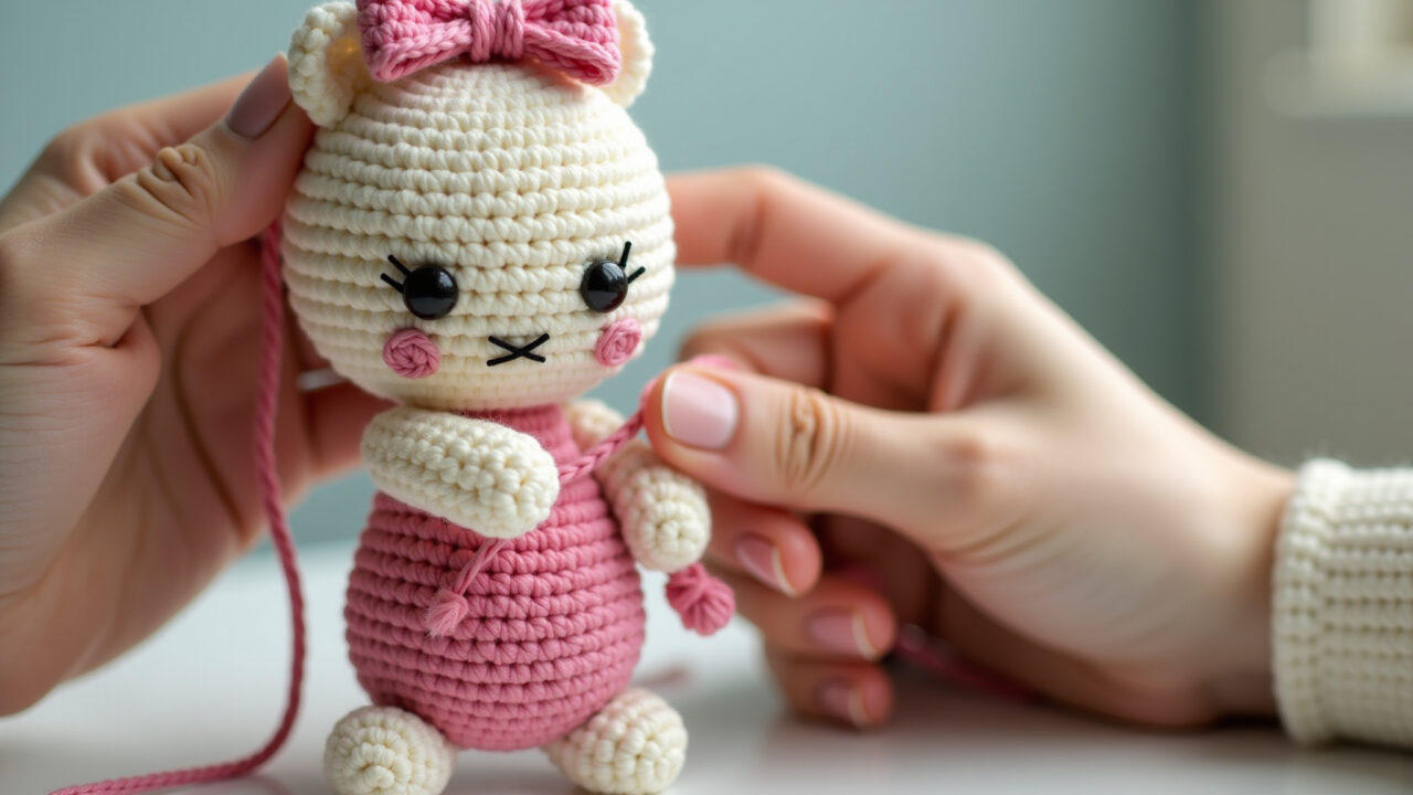 Amigurumi color change, avoiding holes, consistent yarn tension, hands working, bright natural Evitando buracos na troca de cor em amigurumi.