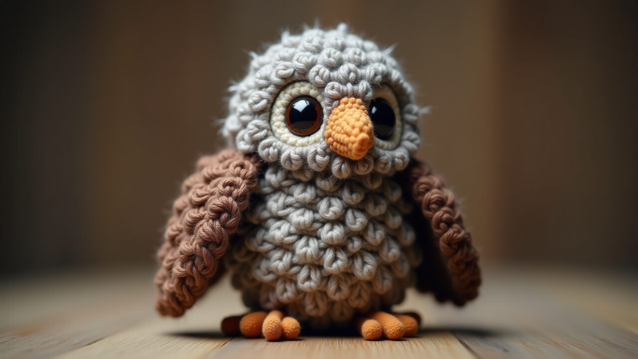 Amigurumi coruja sábia, realistic brown and gray tones, detailed feathers, natural lighting, Amigurumi de coruja sábia.