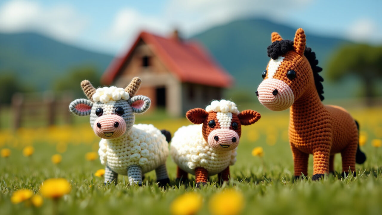 Amigurumi cow, sheep, and horse on a miniature farm, crocheted, vibrant colors, Brazilian Amigurumis de animais da fazenda para o Dia das Crianças.