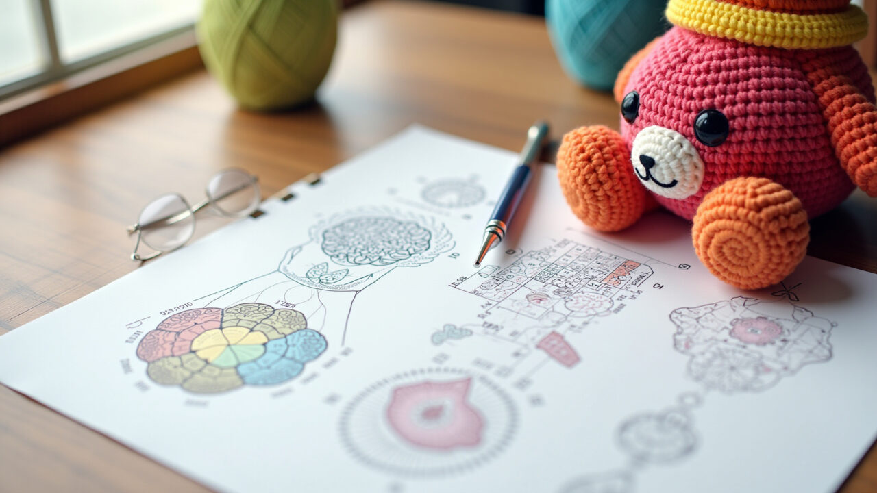 Amigurumi crochet chart, diagrams, colorful yarn, crochet hook, bright light, professional Gráfico de amigurumi com diagramas e instruções.