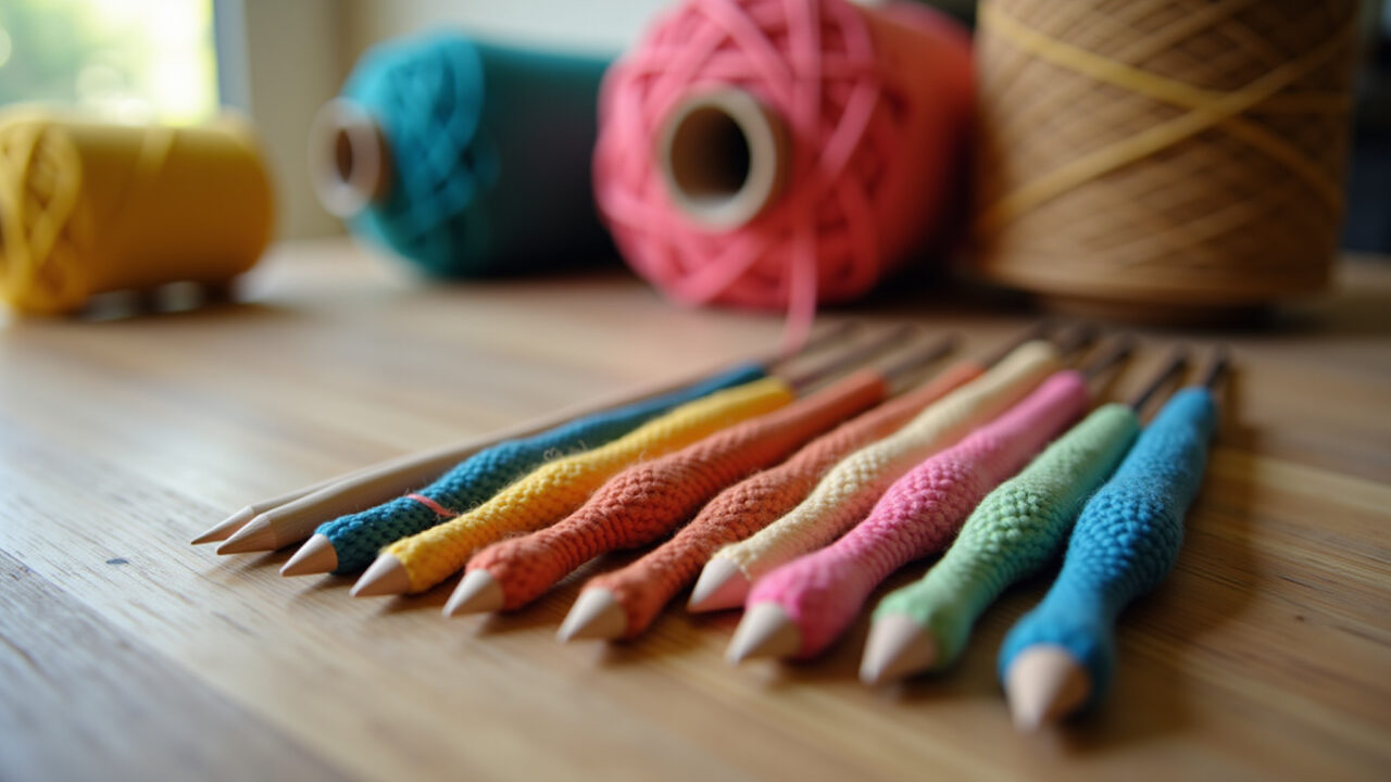 Amigurumi crochet needles of various sizes on a wooden table, natural light, 8k, sharp focus, Variedade de agulhas de crochê para amigurumi dispostas sobre mesa de madeira.