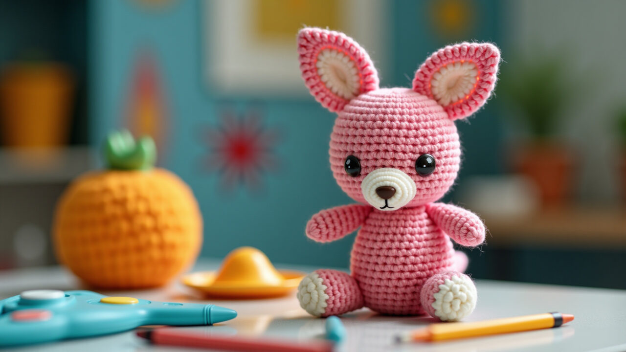 Amigurumi crochet tools and finished cute animal, vibrant colors, brazilian design elements, Ferramentas de crochê e amigurumi de bichinho pronto.