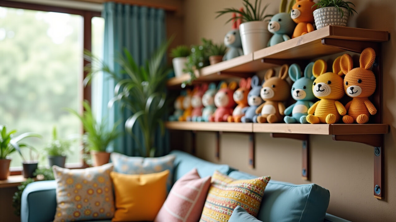Amigurumi decorations on shelves, Brazilian living room, colorful pillows, plants, natural Amigurumis decorando estantes em sala brasileira.