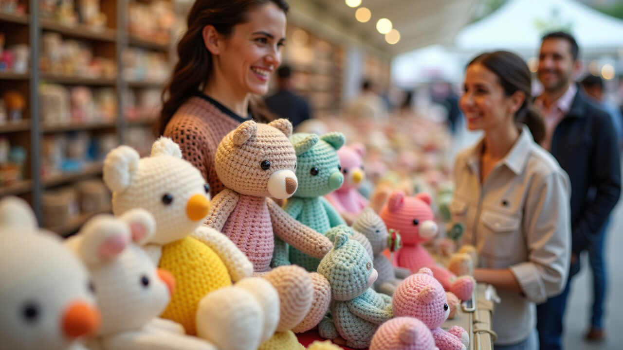 Amigurumi displayed at craft fair, price tags, smiling seller, professional photography, 8K Amigurumis à venda em uma feira de artesanato.