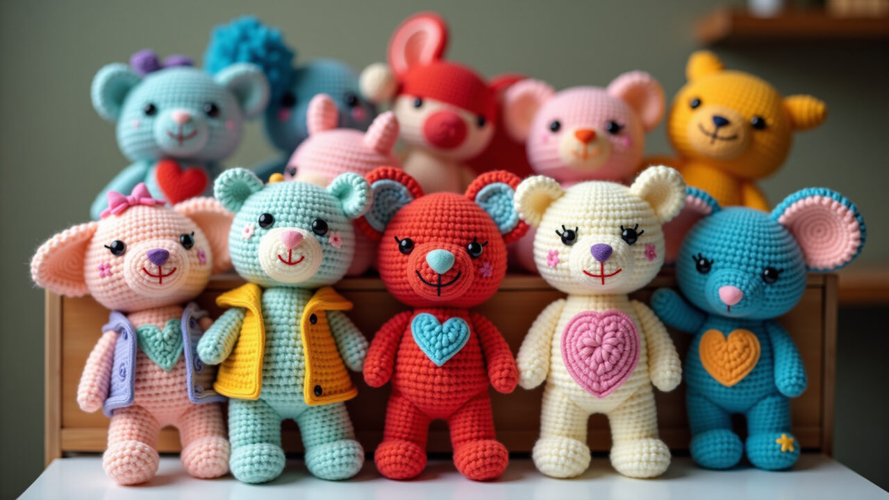 Amigurumi displayed with relevant hashtags, Instagram post, bright colors, professional Amigurumis com hashtags relevantes no Instagram.