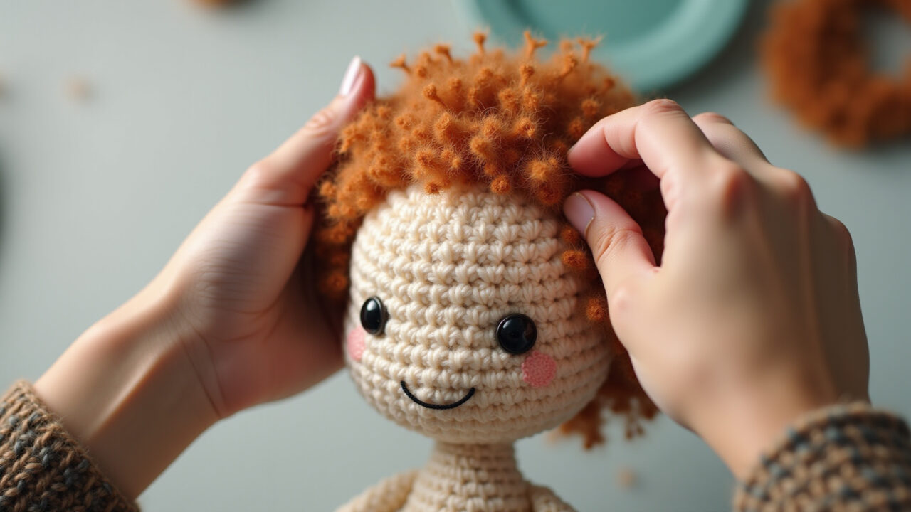 Amigurumi doll head, applying hair with simple loop technique, close-up, natural light, craft Aplicando cabelo de laçada em amigurumi