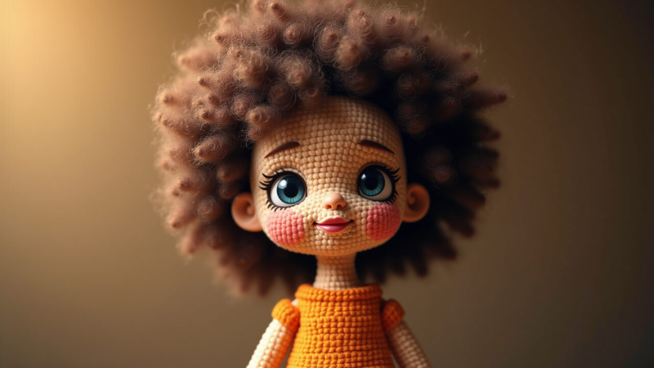 Amigurumi doll with curly hair, created with pencil technique, warm studio light, professional Amigurumi com cabelo cacheado
