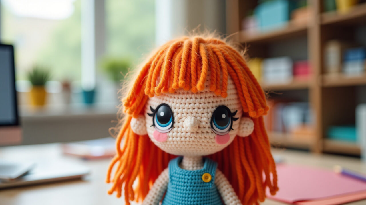 Amigurumi doll with glued hair, styled fringe, bright colors, craft table background, natural Amigurumi com cabelo colado e franja
