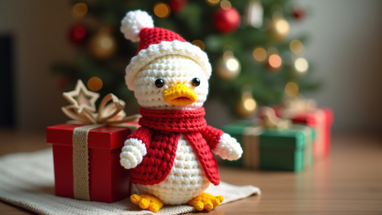 Amigurumi duck themed Santa Claus, Christmas decor, festive, 8k, sharp focus, professional Amigurumi pato temático Papai Noel